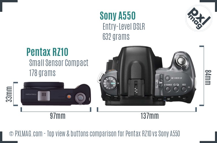 Pentax RZ10 vs Sony A550 top view buttons comparison