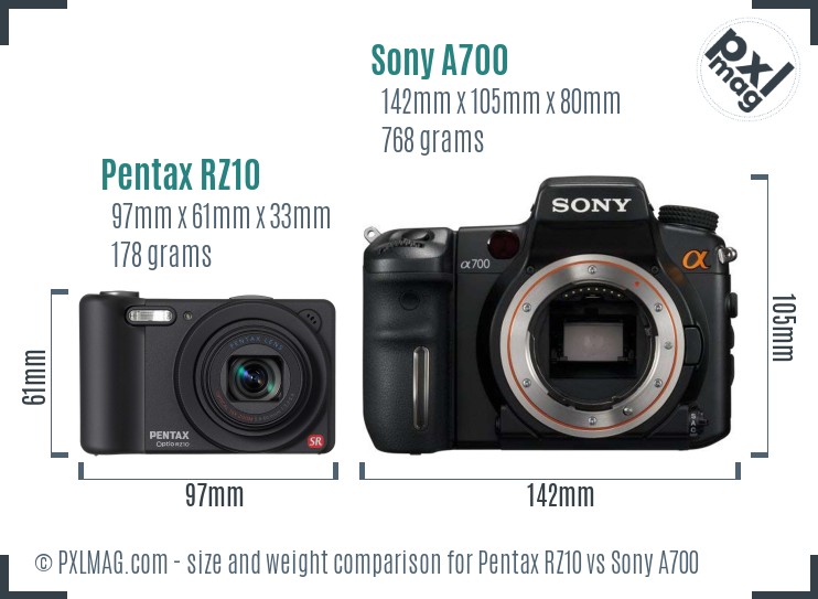 Pentax RZ10 vs Sony A700 size comparison