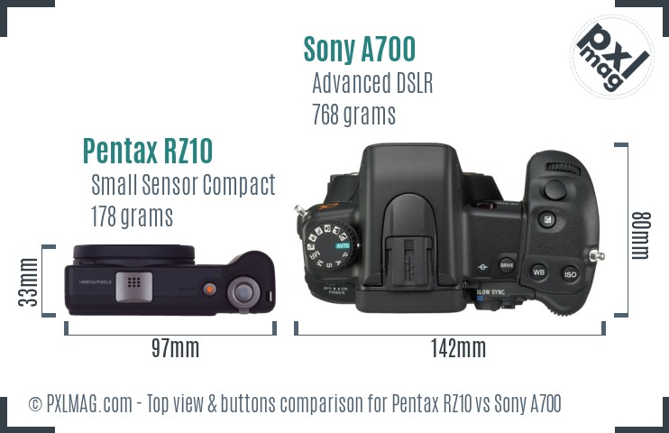 Pentax RZ10 vs Sony A700 top view buttons comparison