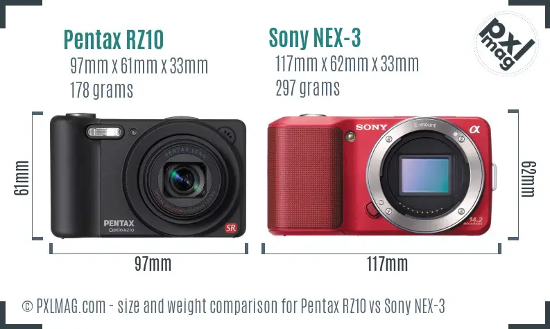 Pentax RZ10 vs Sony NEX-3 size comparison