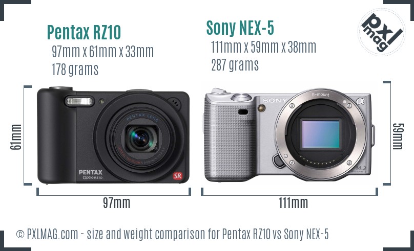 Pentax RZ10 vs Sony NEX-5 size comparison