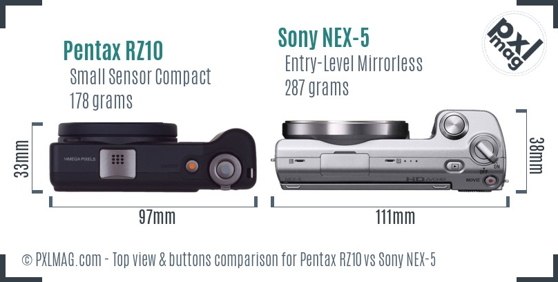 Pentax RZ10 vs Sony NEX-5 top view buttons comparison