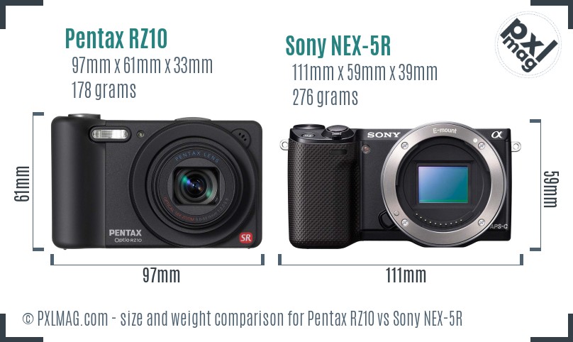 Pentax RZ10 vs Sony NEX-5R size comparison