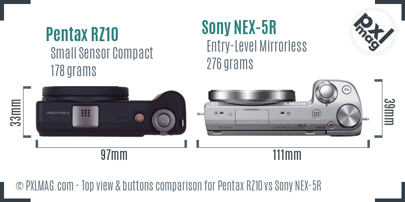 Pentax RZ10 vs Sony NEX-5R top view buttons comparison
