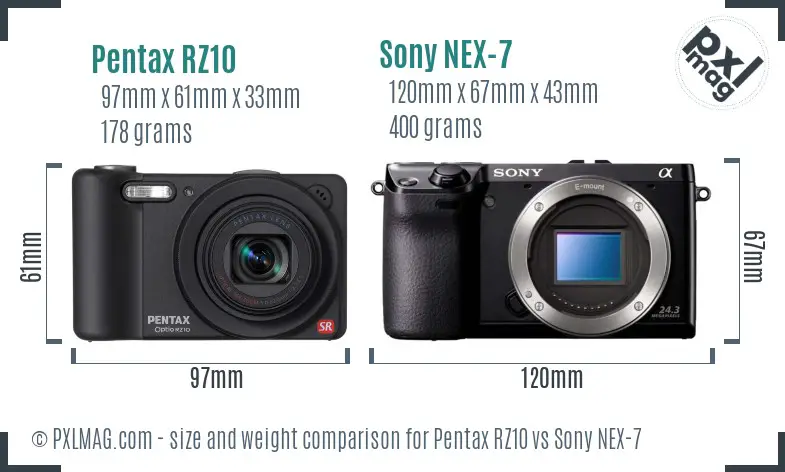 Pentax RZ10 vs Sony NEX-7 size comparison