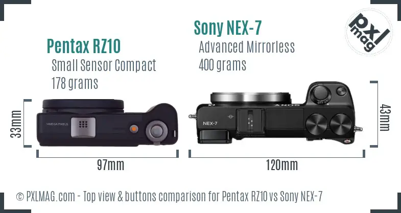 Pentax RZ10 vs Sony NEX-7 top view buttons comparison Pentax RZ10 vs Sony NEX-7 top view buttons comparison