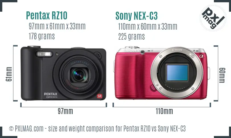 Pentax RZ10 vs Sony NEX-C3 size comparison Pentax RZ10 vs Sony NEX-C3 size comparison