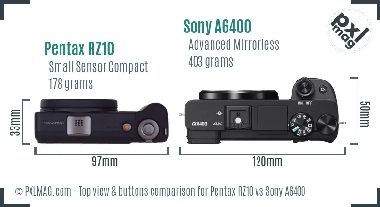 Pentax RZ10 vs Sony A6400 top view buttons comparison Pentax RZ10 vs Sony A6400 top view buttons comparison