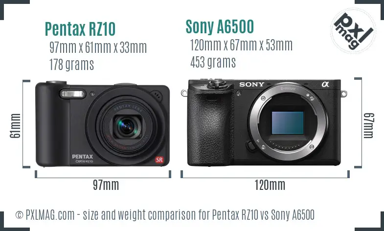 Pentax RZ10 vs Sony A6500 size comparison