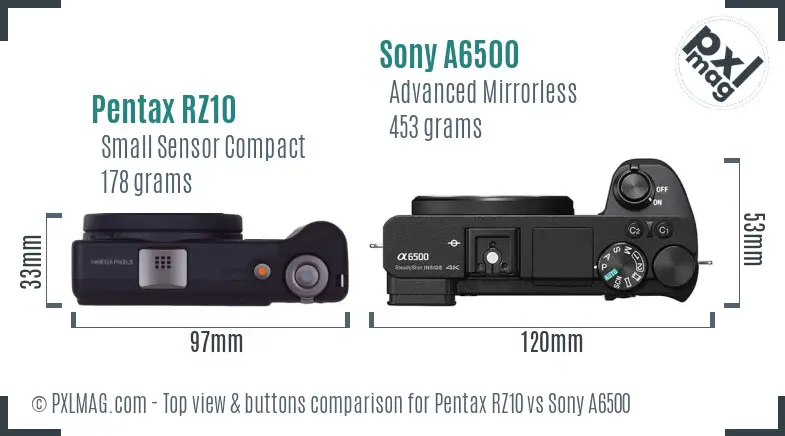 Pentax RZ10 vs Sony A6500 top view buttons comparison