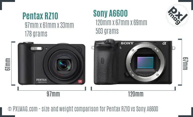 Pentax RZ10 vs Sony A6600 size comparison