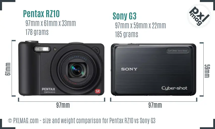 Pentax RZ10 vs Sony G3 size comparison