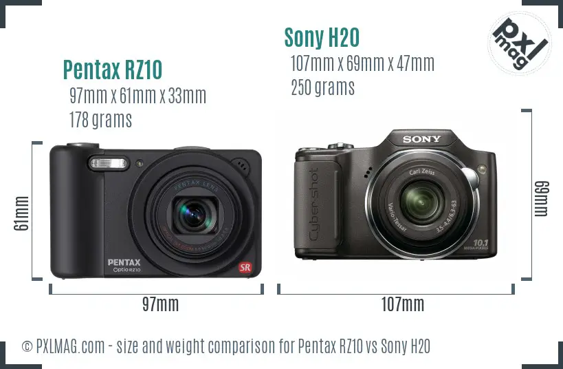 Pentax RZ10 vs Sony H20 size comparison