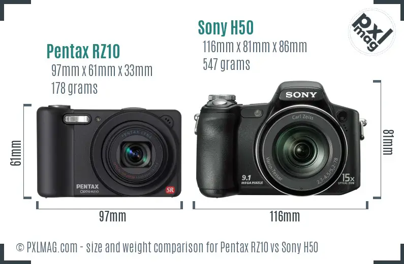 Pentax RZ10 vs Sony H50 size comparison