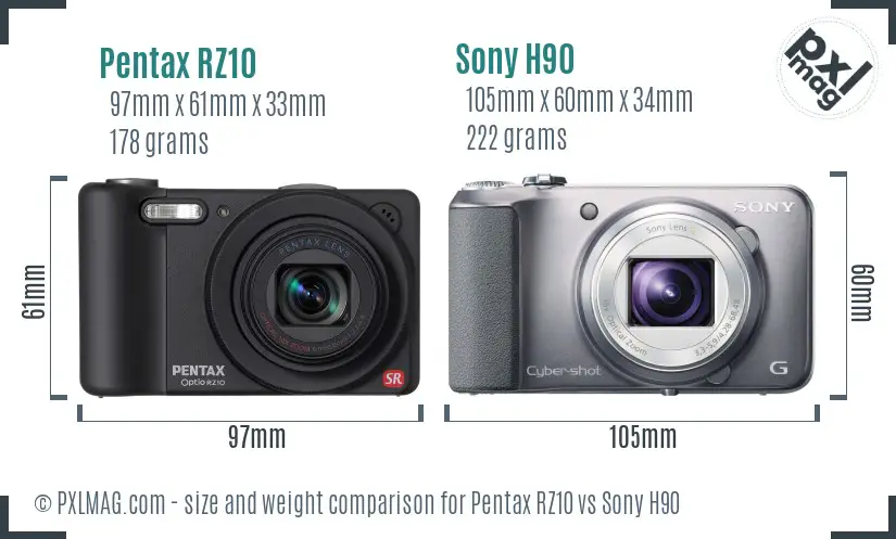 Pentax RZ10 vs Sony H90 size comparison