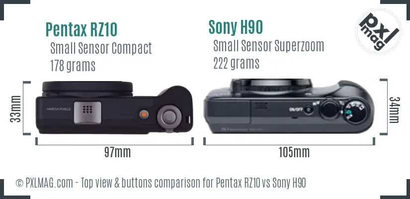 Pentax RZ10 vs Sony H90 top view buttons comparison