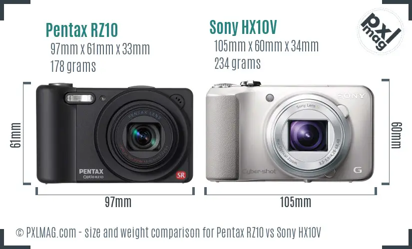 Pentax RZ10 vs Sony HX10V size comparison