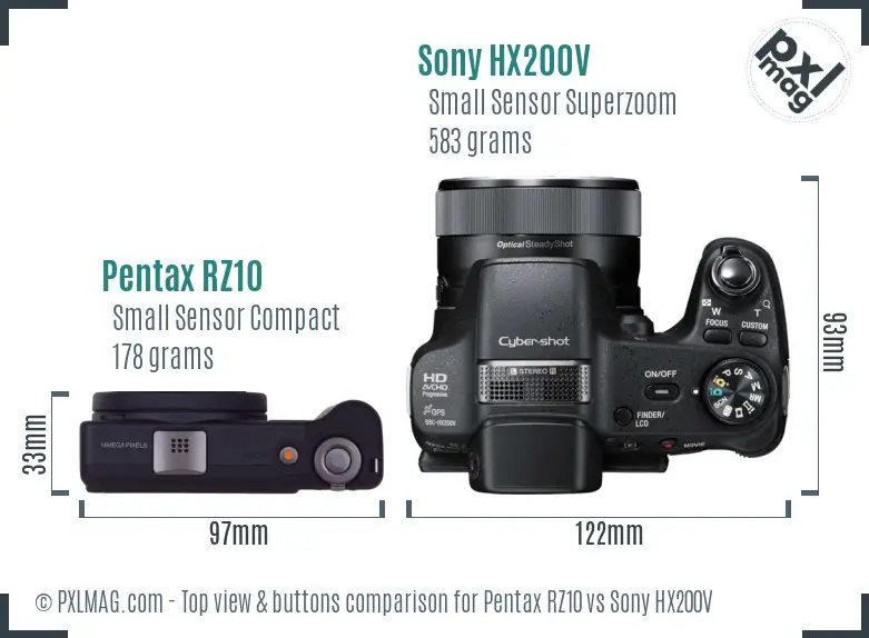Pentax RZ10 vs Sony HX200V top view buttons comparison