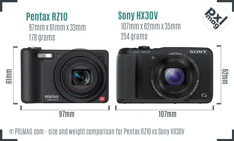 Pentax RZ10 vs Sony HX30V size comparison