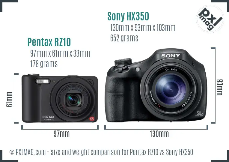 Pentax RZ10 vs Sony HX350 size comparison