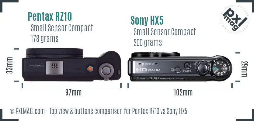 Pentax RZ10 vs Sony HX5 top view buttons comparison