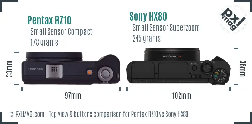 Pentax RZ10 vs Sony HX80 top view buttons comparison