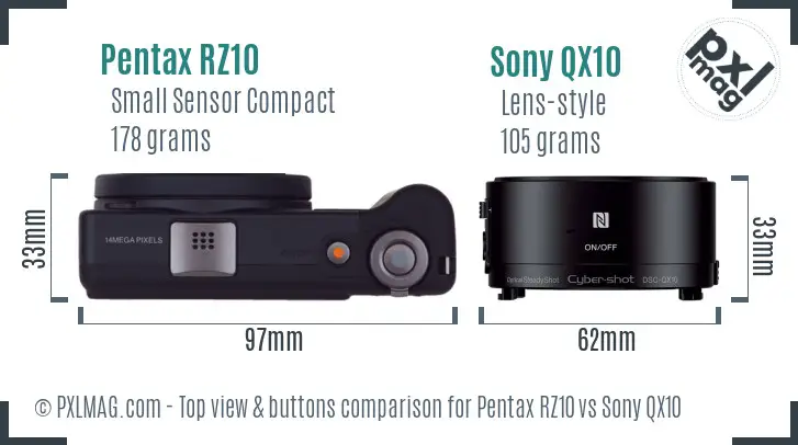 Pentax RZ10 vs Sony QX10 top view buttons comparison Pentax RZ10 vs Sony QX10 top view buttons comparison