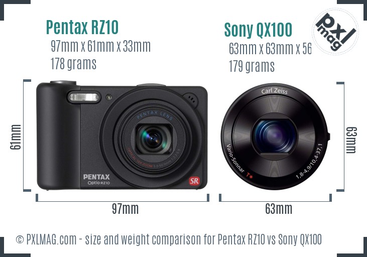 Pentax RZ10 vs Sony QX100 size comparison