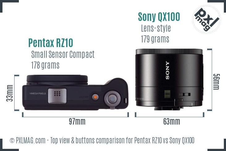 Pentax RZ10 vs Sony QX100 top view buttons comparison