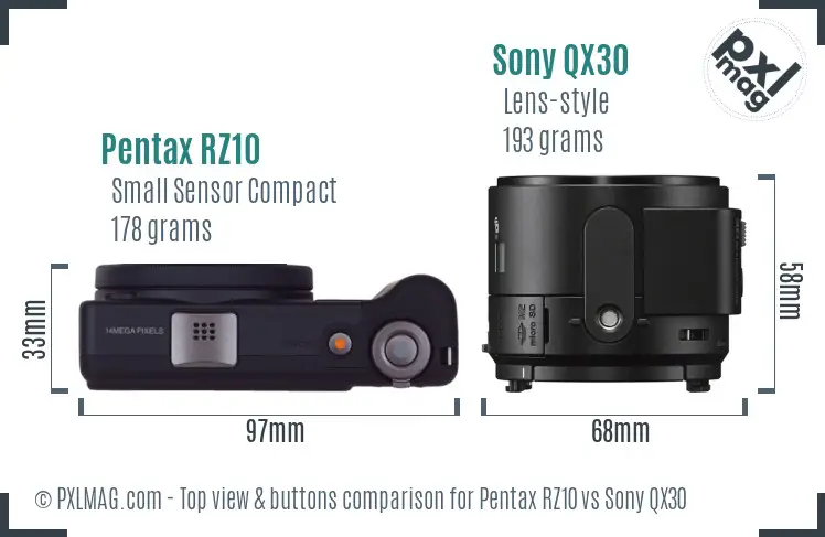 Pentax RZ10 vs Sony QX30 top view buttons comparison