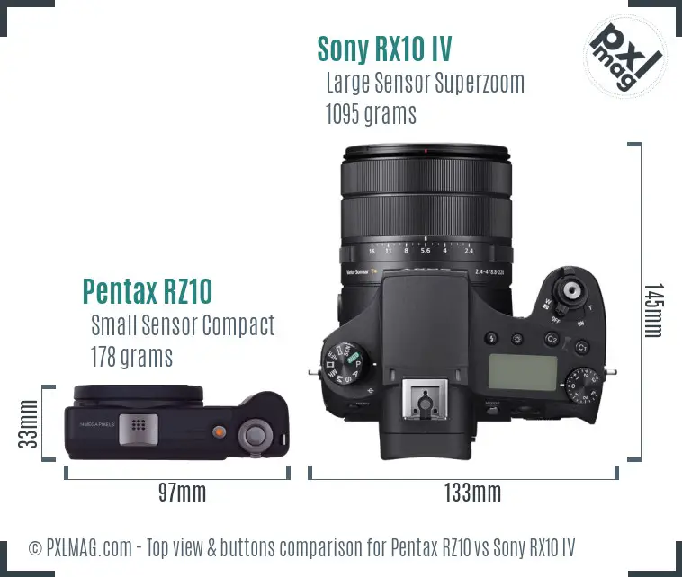 Pentax RZ10 vs Sony RX10 IV top view buttons comparison Pentax RZ10 vs Sony RX10 IV top view buttons comparison