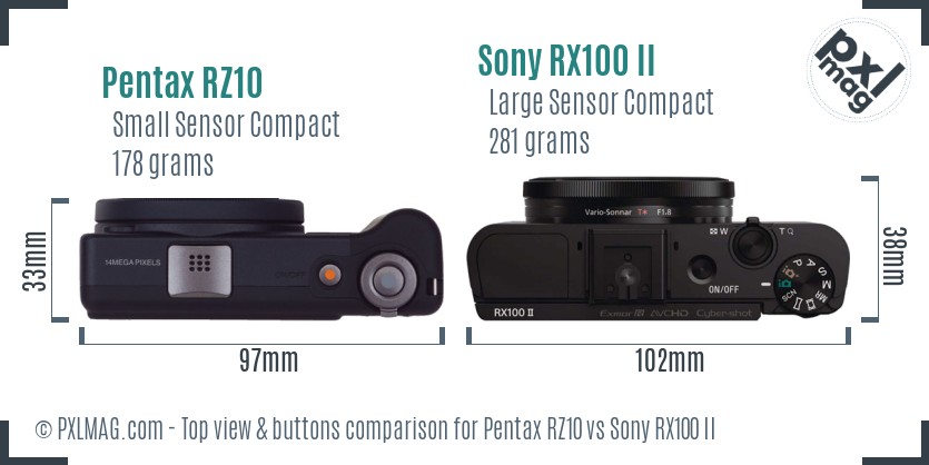 Pentax RZ10 vs Sony RX100 II top view buttons comparison