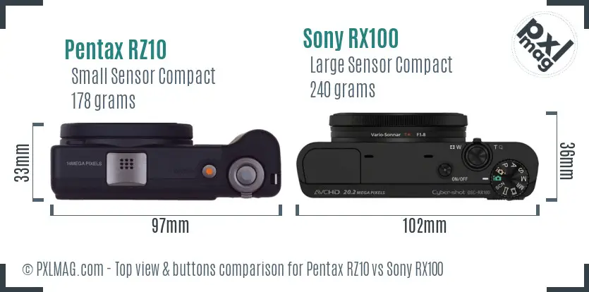 Pentax RZ10 vs Sony RX100 top view buttons comparison