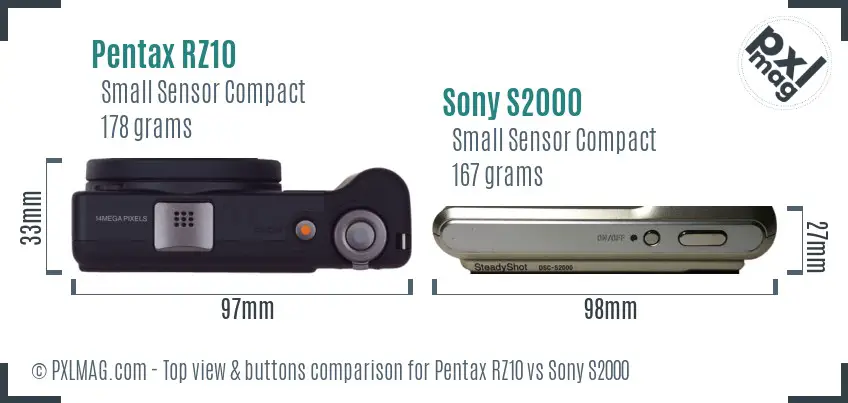 Pentax RZ10 vs Sony S2000 top view buttons comparison Pentax RZ10 vs Sony S2000 top view buttons comparison