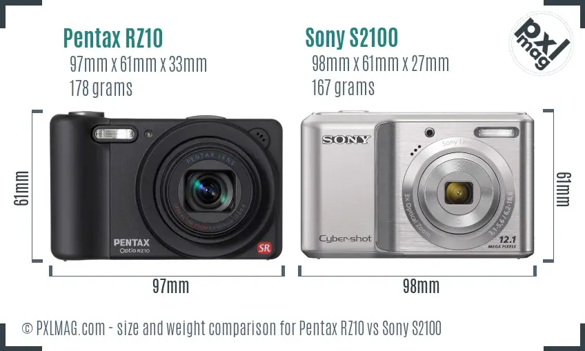 Pentax RZ10 vs Sony S2100 size comparison