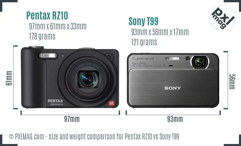 Pentax RZ10 vs Sony T99 size comparison