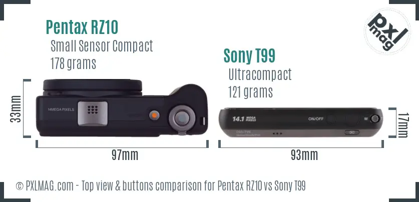 Pentax RZ10 vs Sony T99 top view buttons comparison