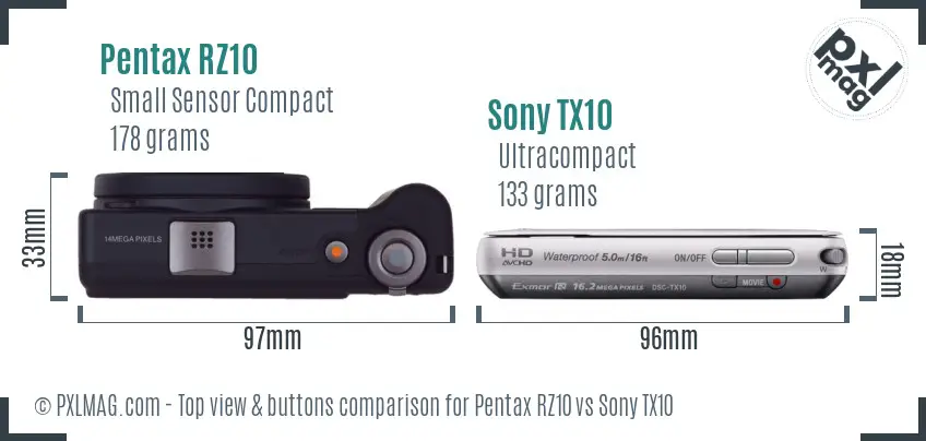 Pentax RZ10 vs Sony TX10 top view buttons comparison Pentax RZ10 vs Sony TX10 top view buttons comparison