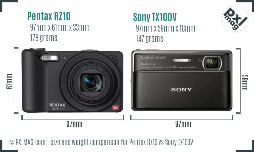 Pentax RZ10 vs Sony TX100V size comparison Pentax RZ10 vs Sony TX100V size comparison