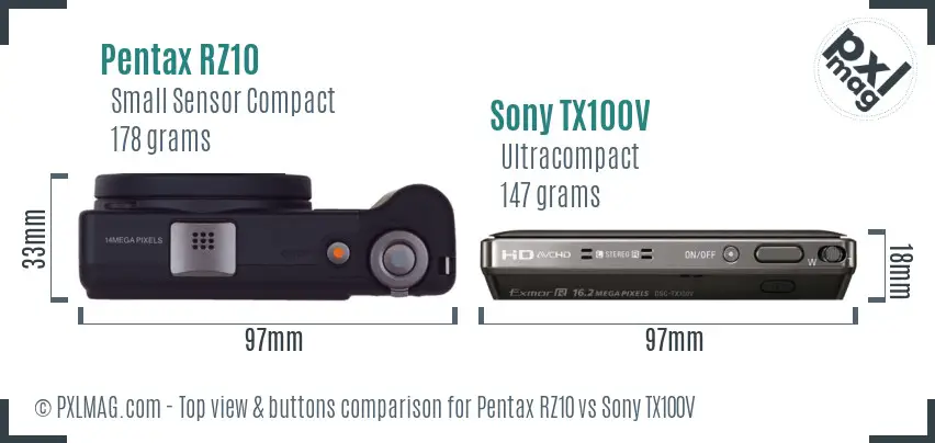 Pentax RZ10 vs Sony TX100V top view buttons comparison Pentax RZ10 vs Sony TX100V top view buttons comparison