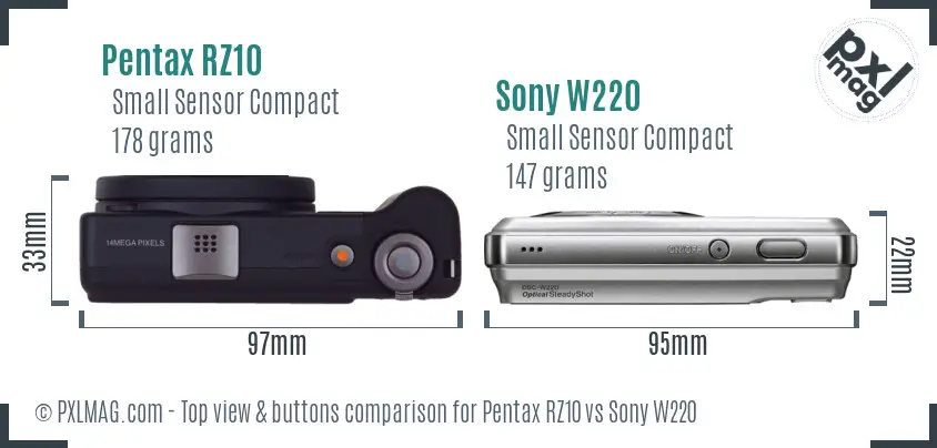 Pentax RZ10 vs Sony W220 top view buttons comparison Pentax RZ10 vs Sony W220 top view buttons comparison