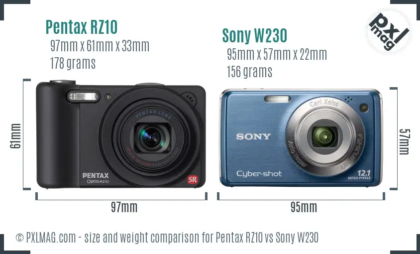 Pentax RZ10 vs Sony W230 size comparison