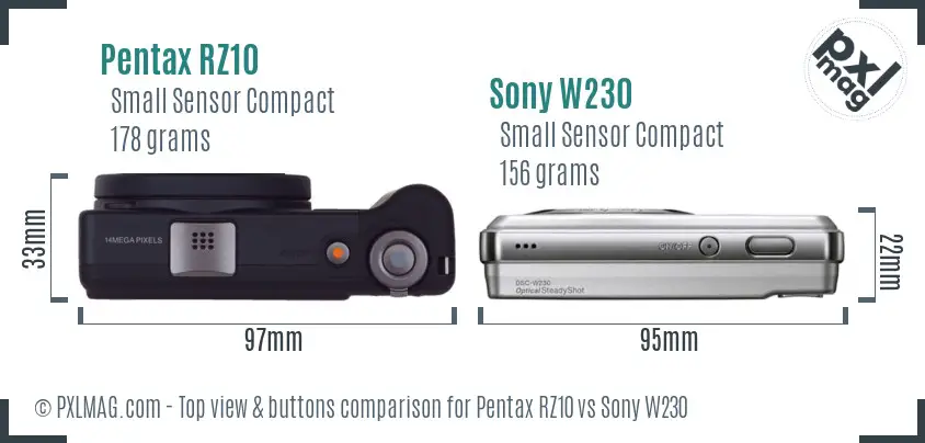 Pentax RZ10 vs Sony W230 top view buttons comparison