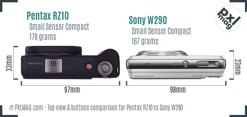 Pentax RZ10 vs Sony W290 top view buttons comparison