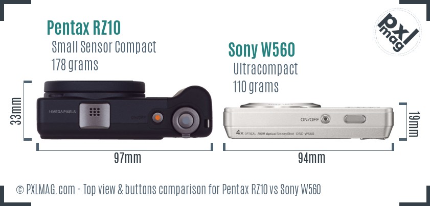 Pentax RZ10 vs Sony W560 top view buttons comparison