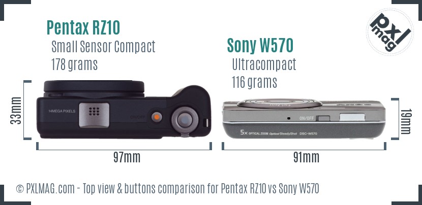 Pentax RZ10 vs Sony W570 top view buttons comparison