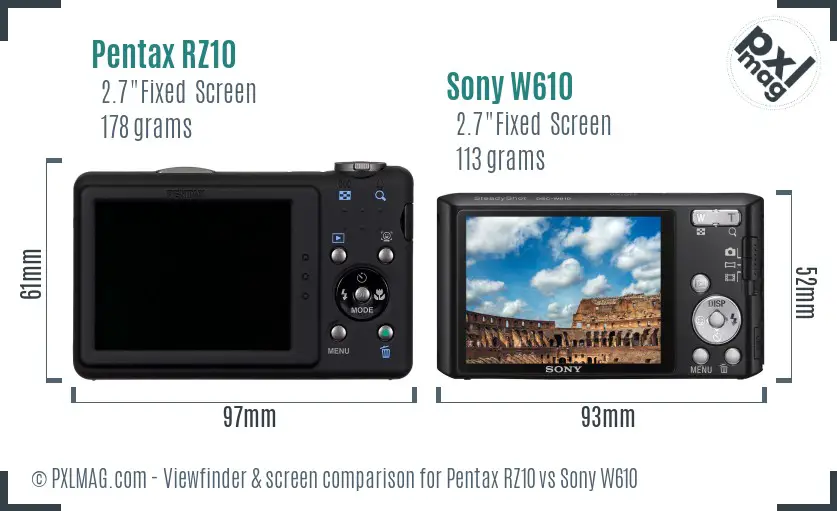 Pentax RZ10 vs Sony W610 Screen and Viewfinder comparison