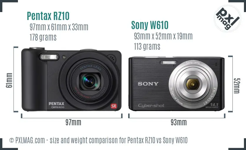 Pentax RZ10 vs Sony W610 size comparison