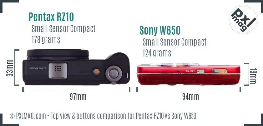 Pentax RZ10 vs Sony W650 top view buttons comparison Pentax RZ10 vs Sony W650 top view buttons comparison