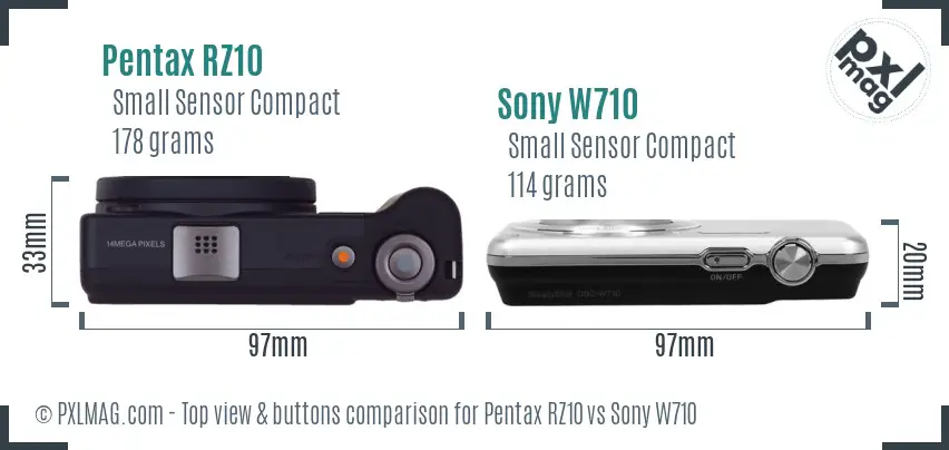 Pentax RZ10 vs Sony W710 top view buttons comparison